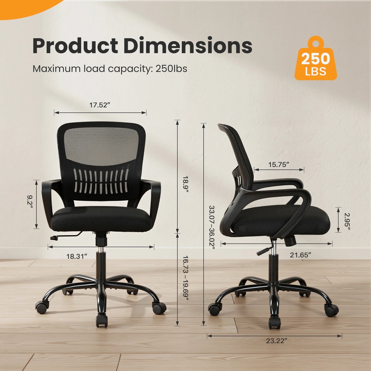 MCQ Ergonomic Mid Back Office Desk Chair With Fixed Armrests