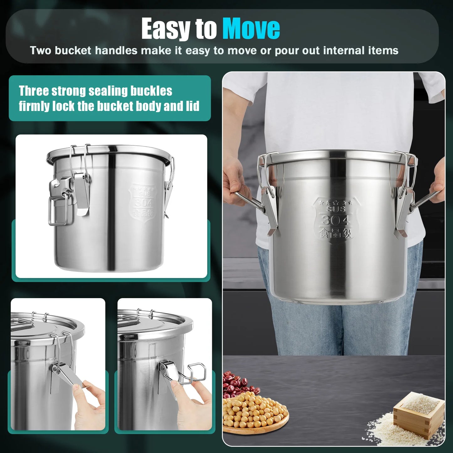 Bucket 304 Stainless Steel Airtight Storage Canister With Handles