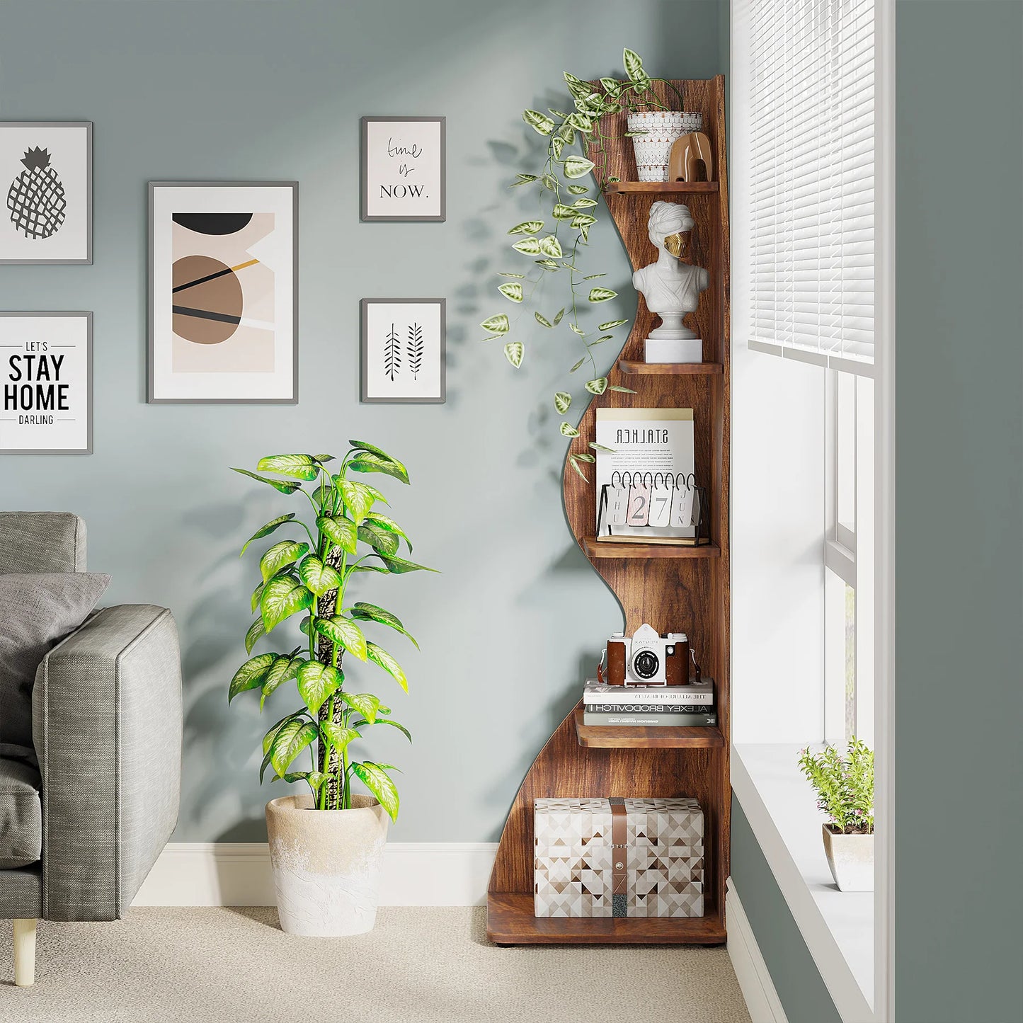 Tribesigns Rustic Five Tier Corner Bookshelf Wall Shelf Living Room