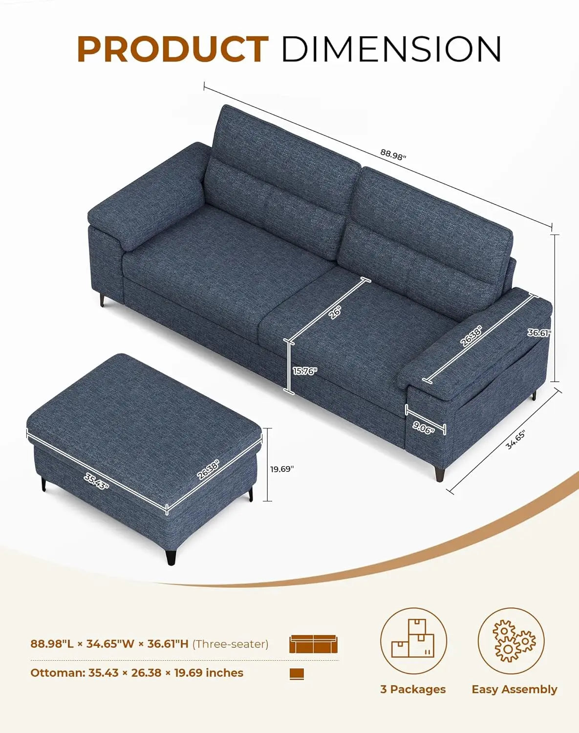 L Shaped Sectional Sofa With Storage Ottoman And Deep Cushions