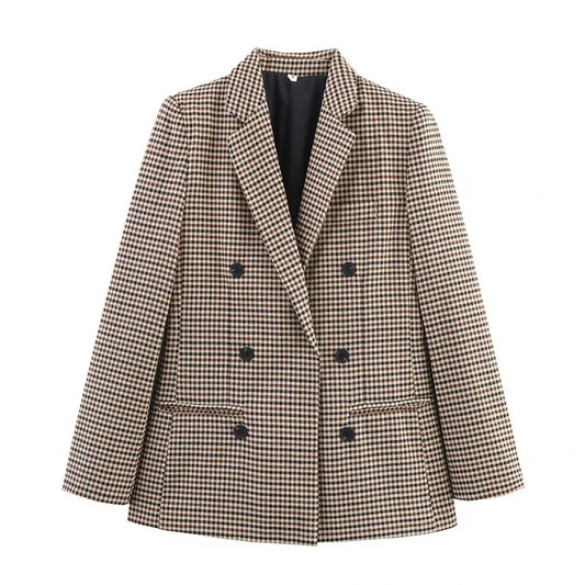 Checkered Pattern Double Breasted Women's Jacket Coat Outerwear