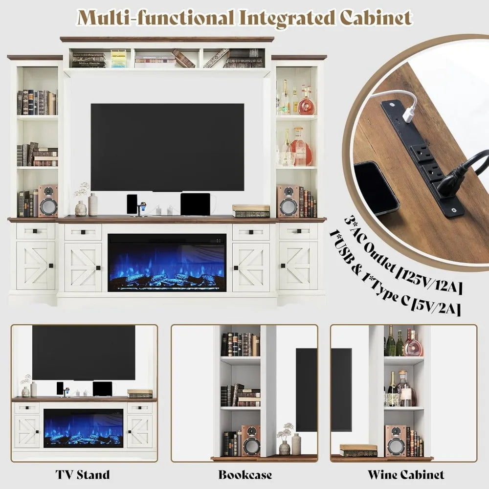 Farmhouse Entertainment Center With Fireplace TV Stand Bookshelf Wine Cabinet