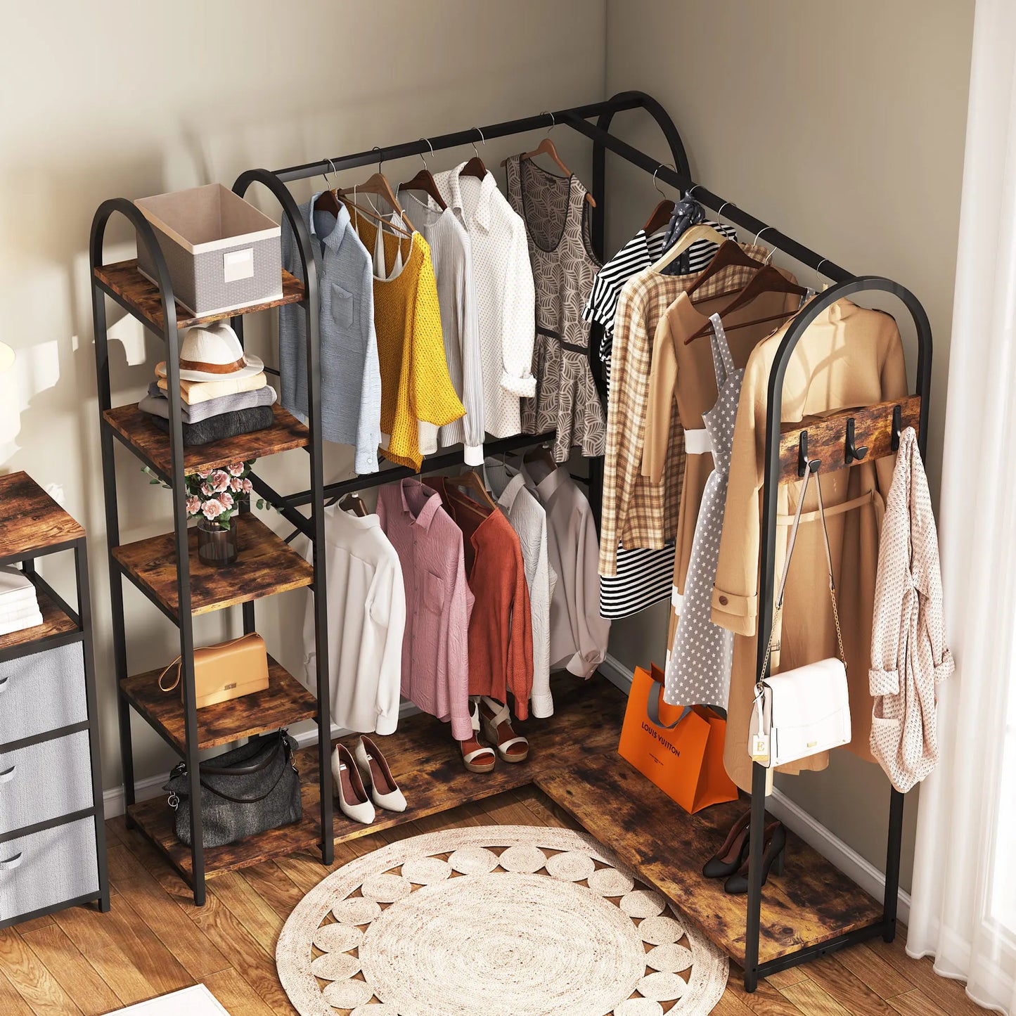 Tribesigns L Shape Clothes Rack With Storage Shelves And Hanging Rods Space Saving Corner Wardrobe