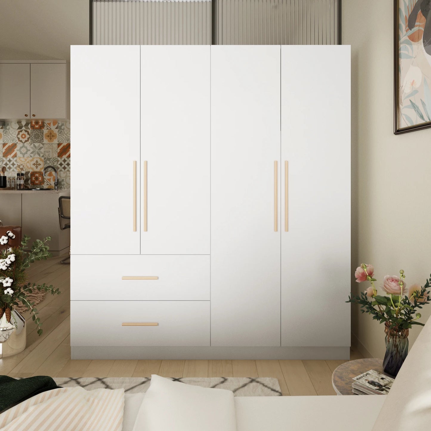 FUFU&GAGA Modern Wardrobe Armoire Closet With Storage Cubes And Rods