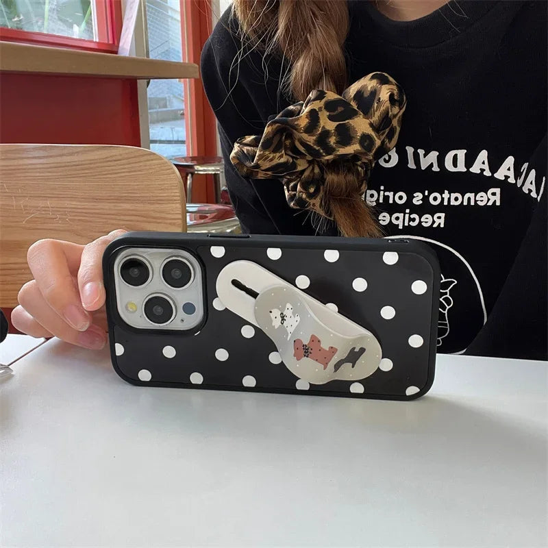 Design Polka Dot Puppy Stand Case For iPhone Pro Series