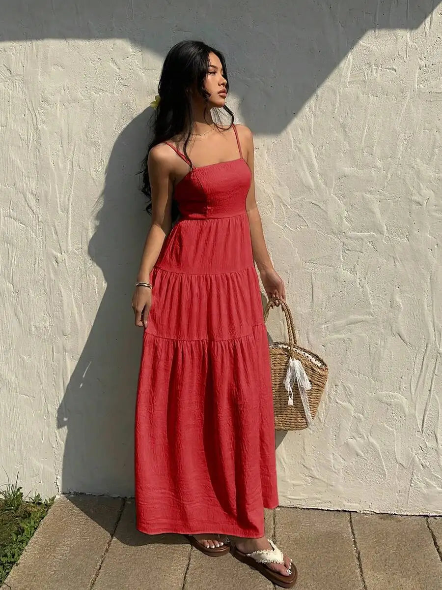Textured Tiered Camisole Maxi Dress With Adjustable Straps