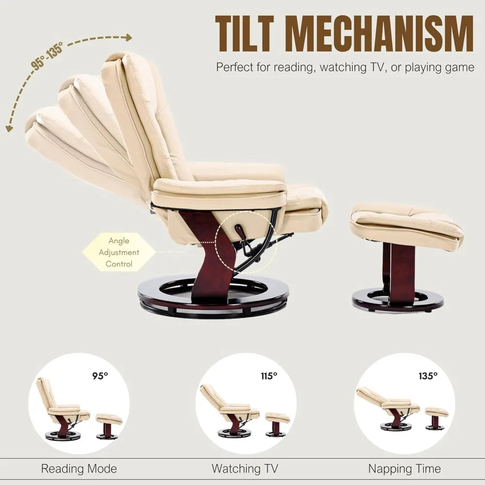 ZHUXIANG Argus Swivel Recliner With Ottoman PremiumPULeatherAndWoodBase Footrest Comfort