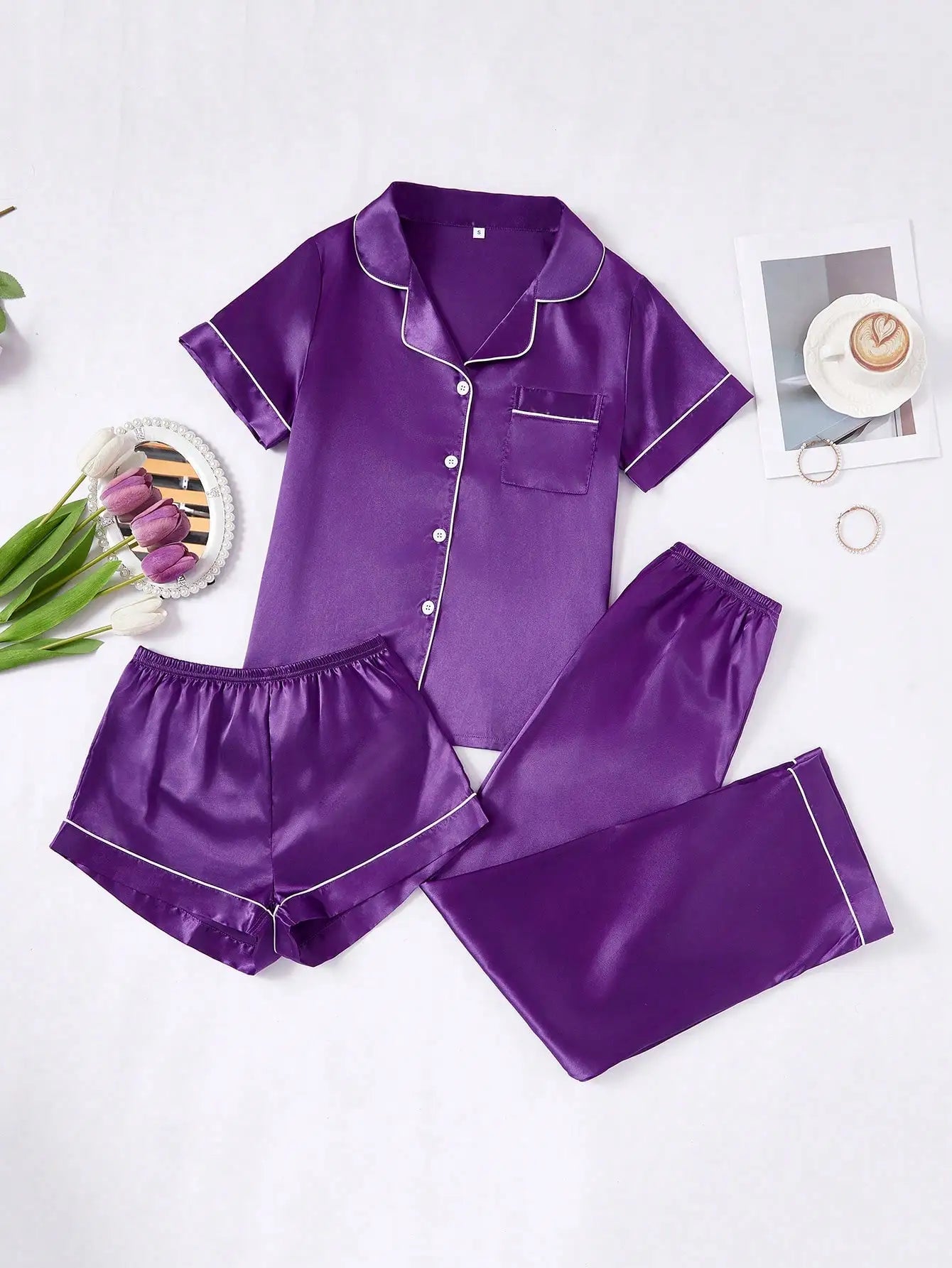 Faux Silk Pajama Set For Women Button-Down Top And Pants