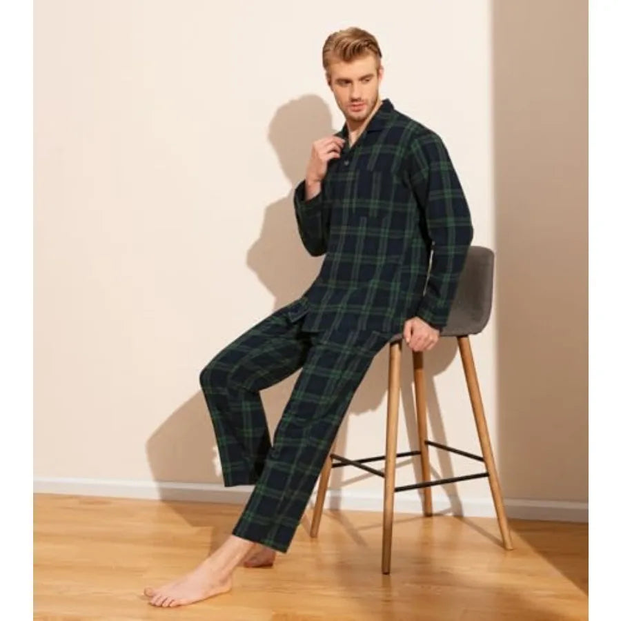 Men's Plaid Pajama Set Long Sleeve Top And Pants Sleepwear
