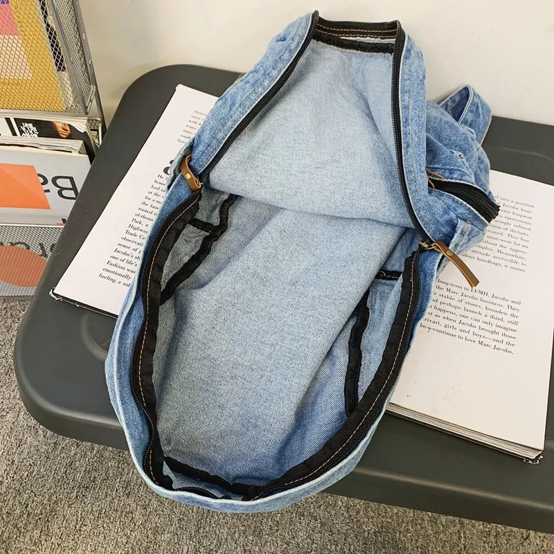 NONECN Denim School Backpack With Multiple Pockets And Large Capacity