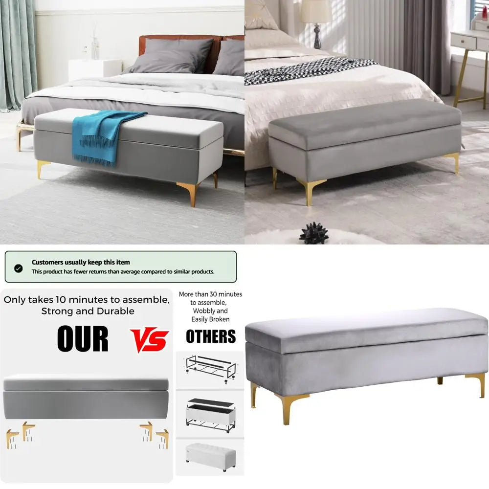 Velvet Upholstered Storage Bench With Ottoman For Bedroom