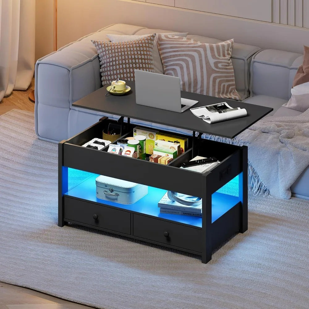 Lift Top Coffee Table With LED Light and Two Drawers