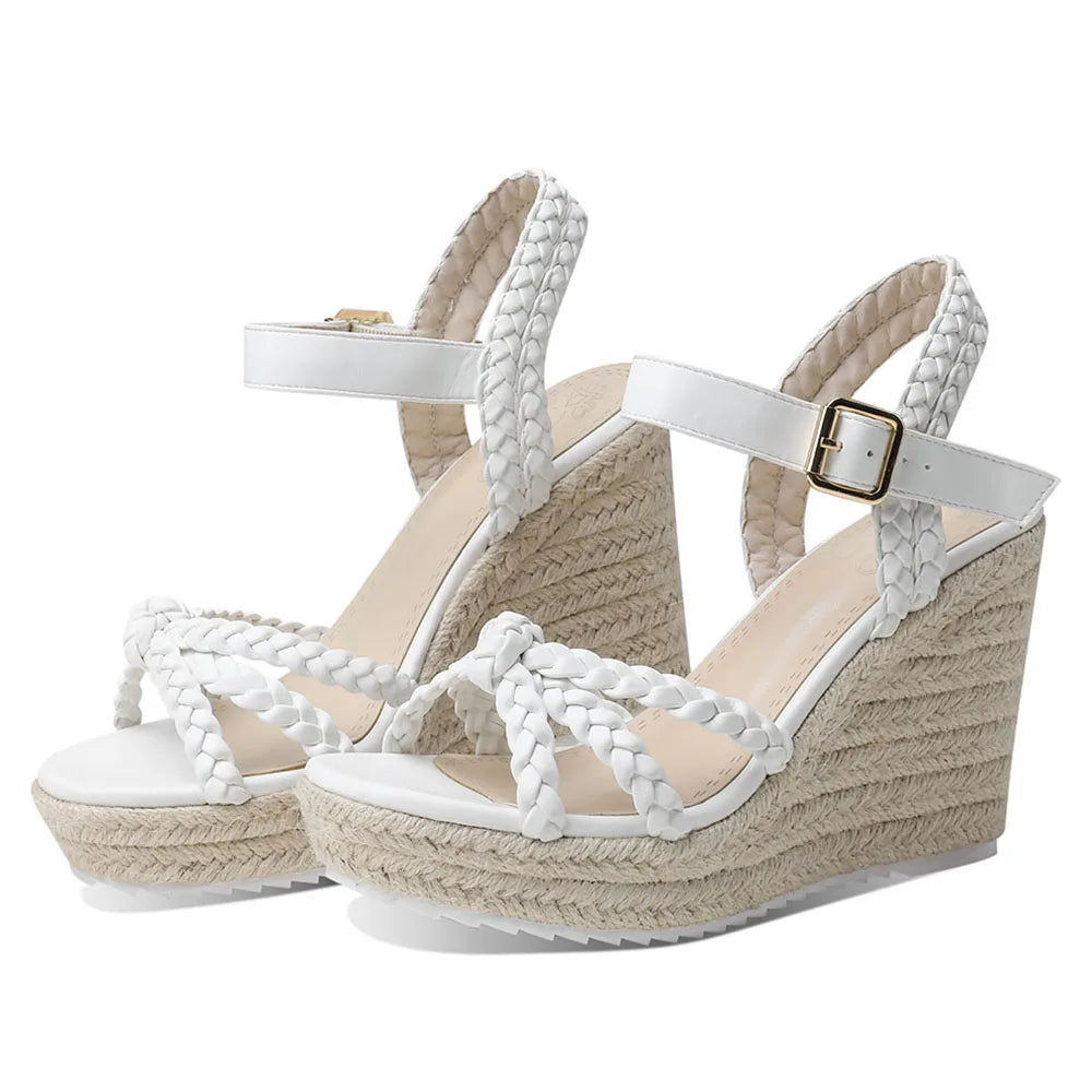 GIGIFOX Straw Woven Waterproof Platform Wedges Sandals Buckle Straps