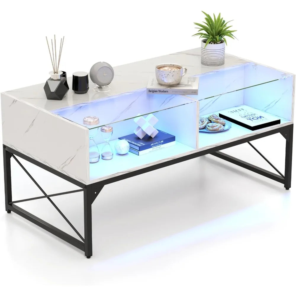 Led Coffee Table With Tempered Glass Top And Storage Cubes