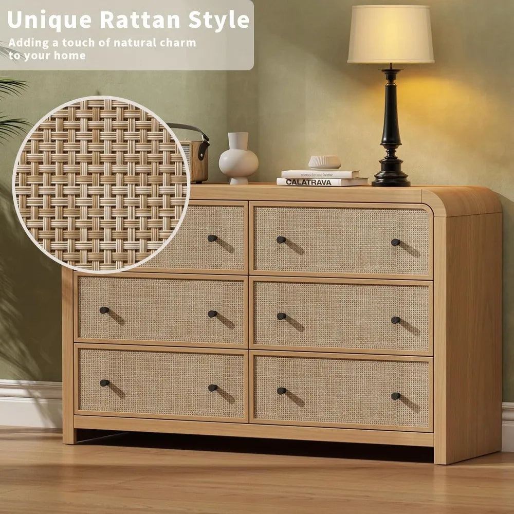 TIFICY Boho Rattan 6 Drawer Dresser For Bedroom Storage
