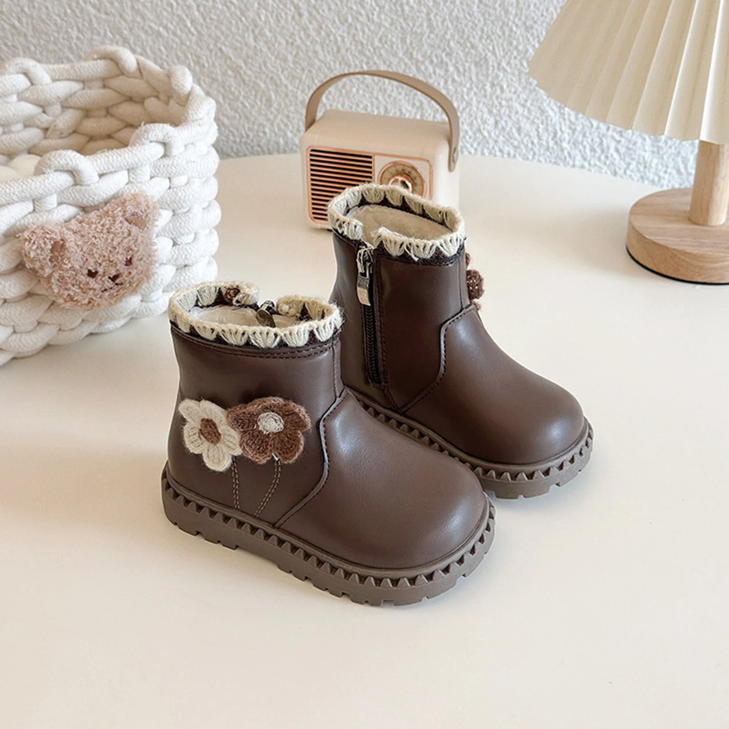 Girls Fleece Lined Winter Boots With Flower Decor Side Zip