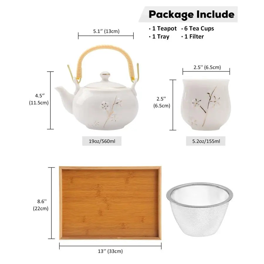 Porcelain Tea Set With Teapot Cups Tray Infuser Elegant Craftsmanship