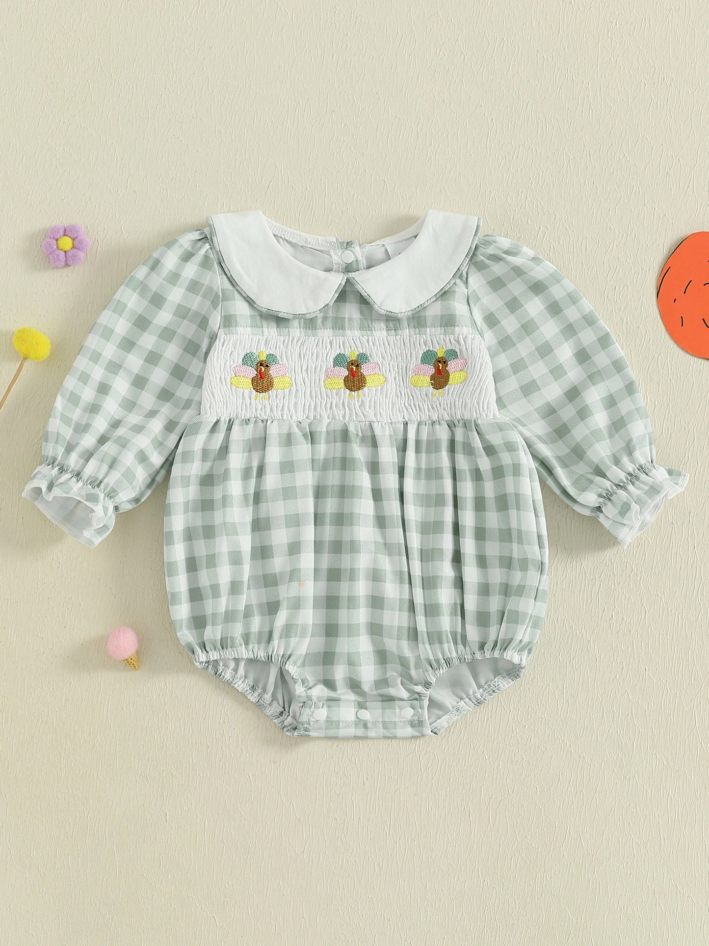Thanksgiving Turkey Embroidered Long Sleeve Romper With Doll Collar