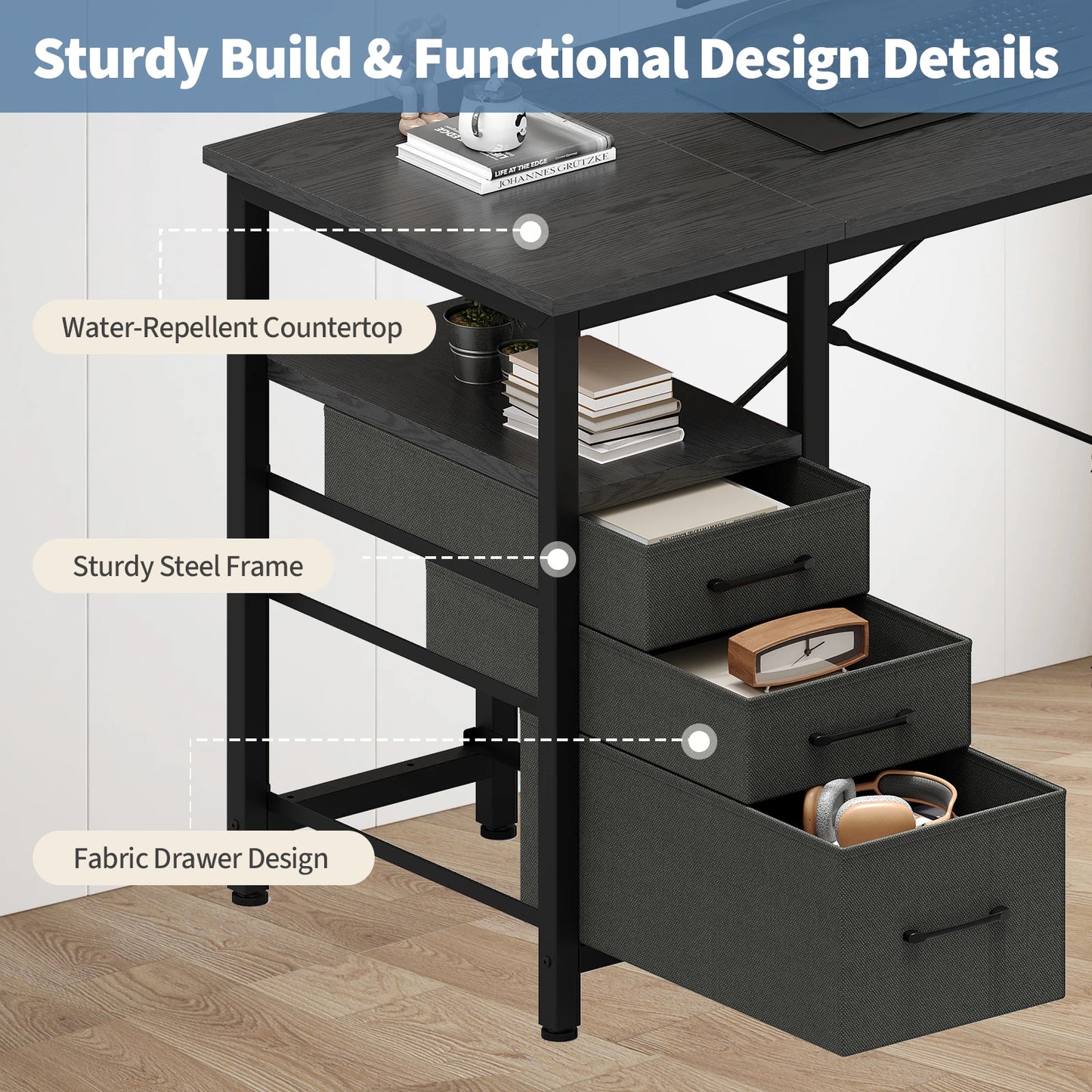 JHK Office Desk With 3 Fabric Drawers And Side Pocket