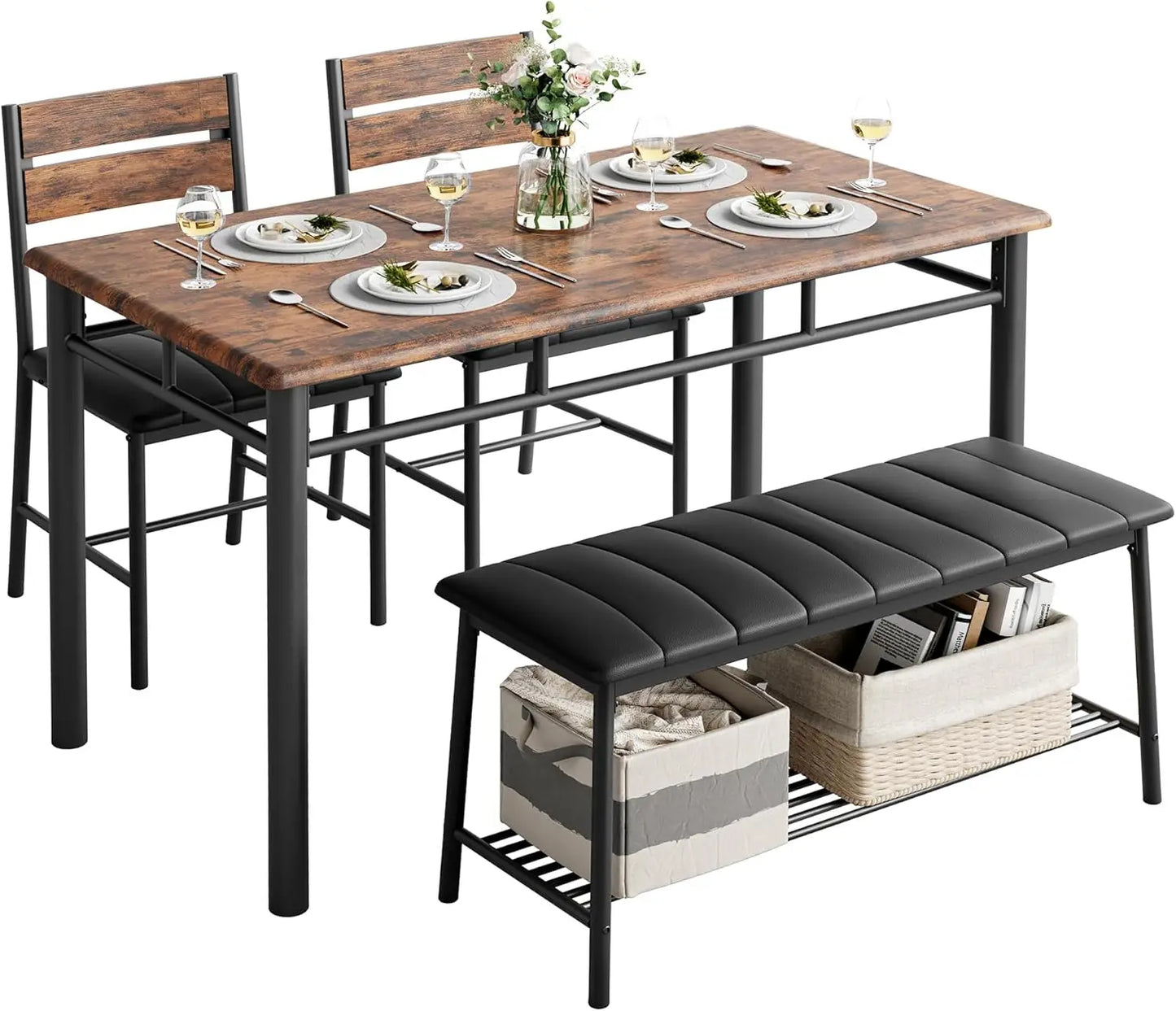 IRONCK Dining Table Set With Upholstered Bench And Chairs
