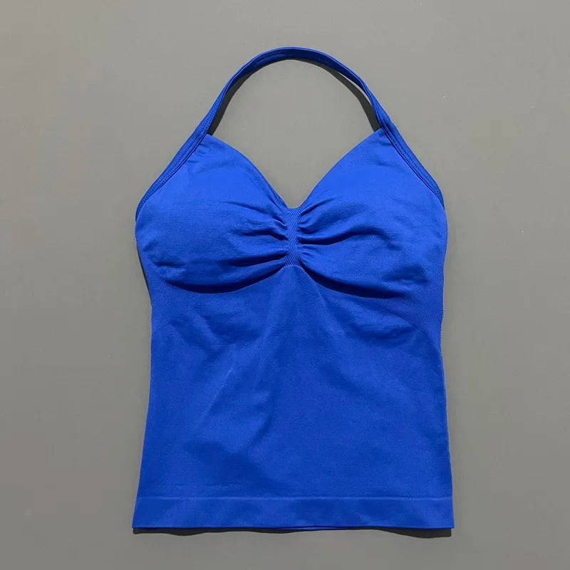 Women Gym Halter Top Longline Strappy Yoga Tank Removable Cups