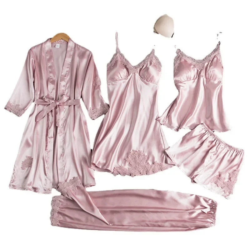 Ice Silk Sleepwear Set For Women V-Neck Long Sleeve Homewear