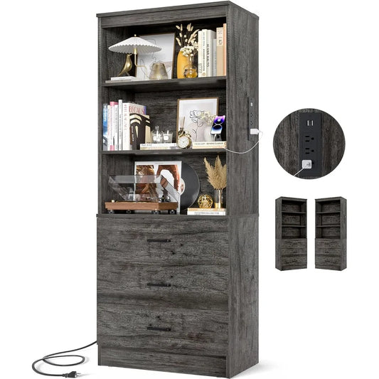 Bookshelf With USB Ports And Outlets, Three Drawer Cabinet And Shelves