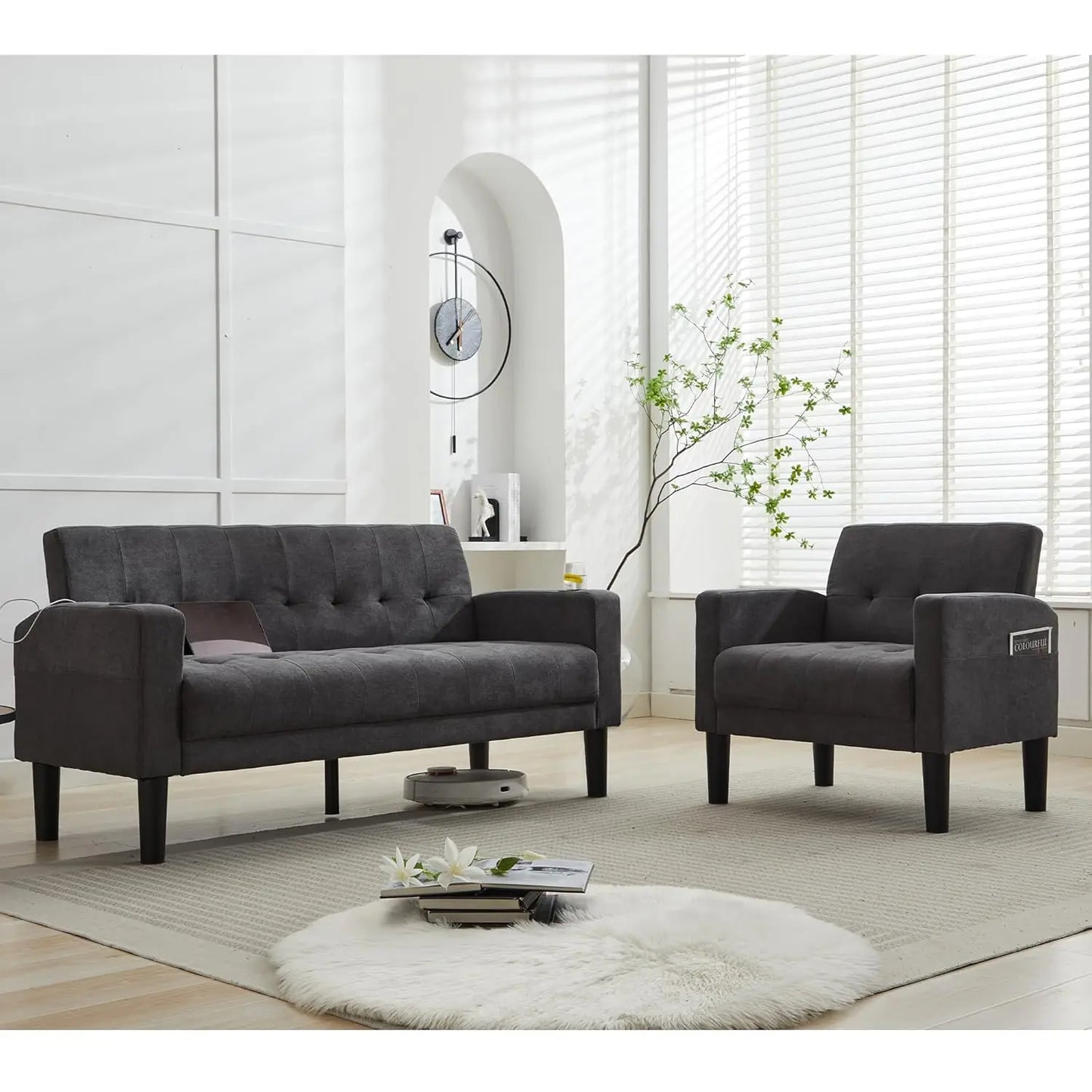 Tufted Mid-Century 2-Piece Sectional Sofa Set With USB Ports