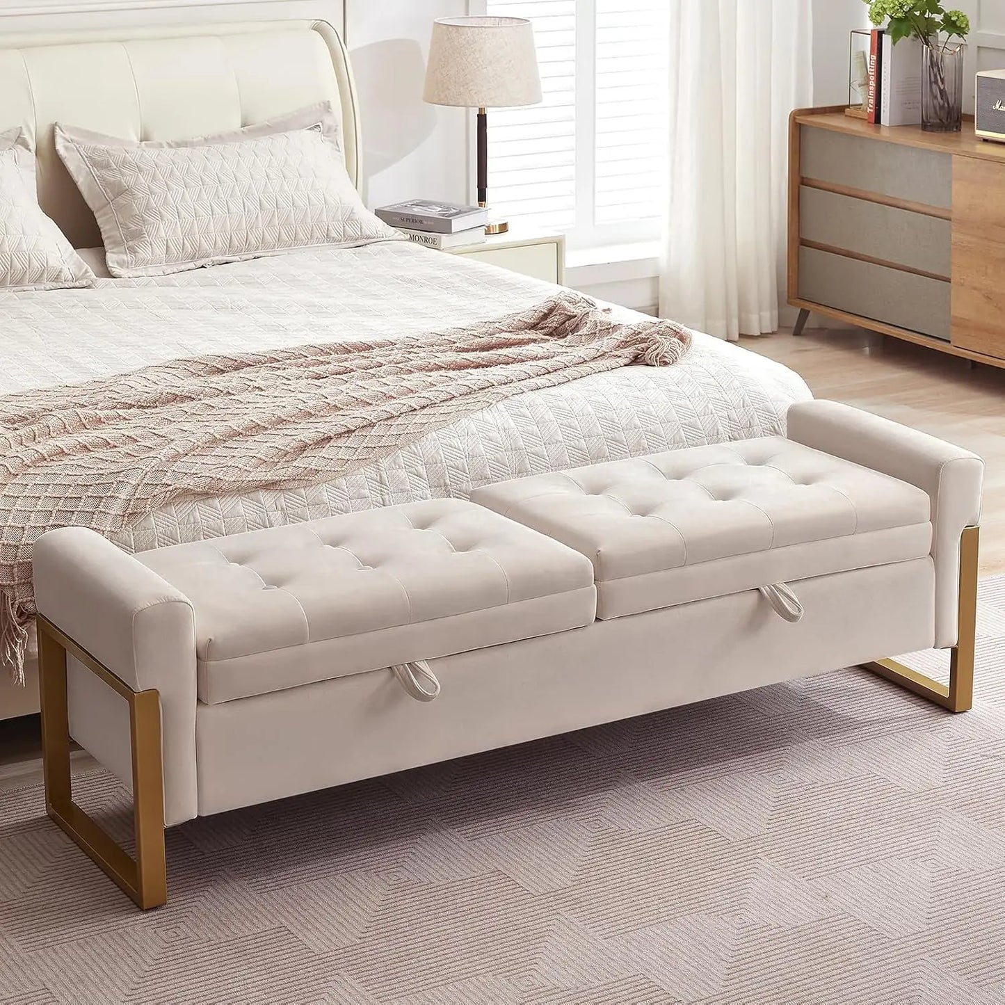 Bed End Storage Bench With Velvet Upholstery And Metal Legs