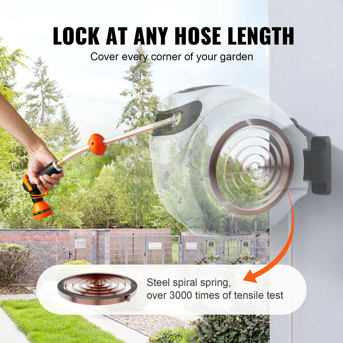 SucceBuy Automatic Rewind Wall Mounted Garden Hose Reel Spray Nozzle