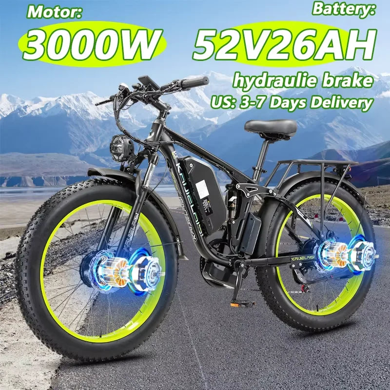 Electric Fat Bike 3000W Dual Motor 52V 26Ah Battery Off Road