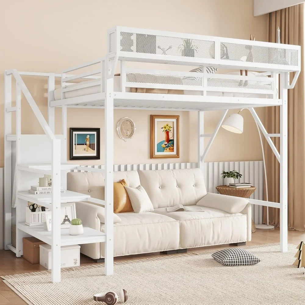 MKDK Metal Loft Bed With Stairs And Storage Wardrobe