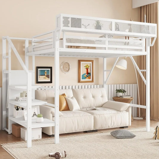 MKDK Metal Loft Bed With Stairs And Storage Wardrobe