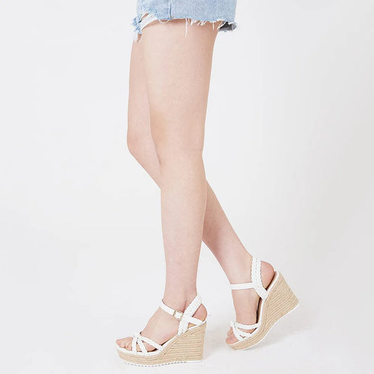 GIGIFOX Straw Woven Waterproof Platform Wedges Sandals Buckle Straps