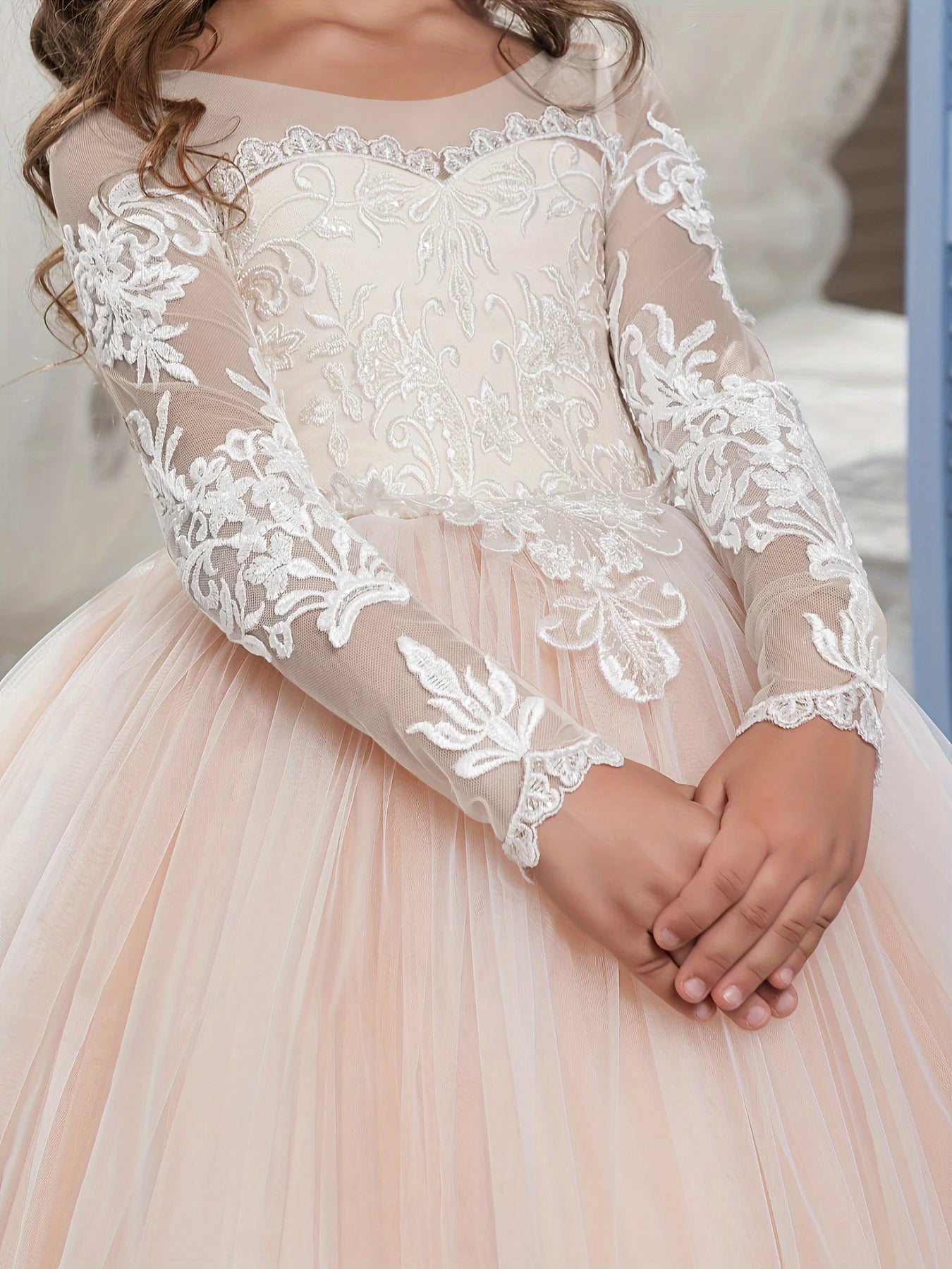 Abaowedding Lace Embroidery Sheer Long Sleeves Girls Gowns
