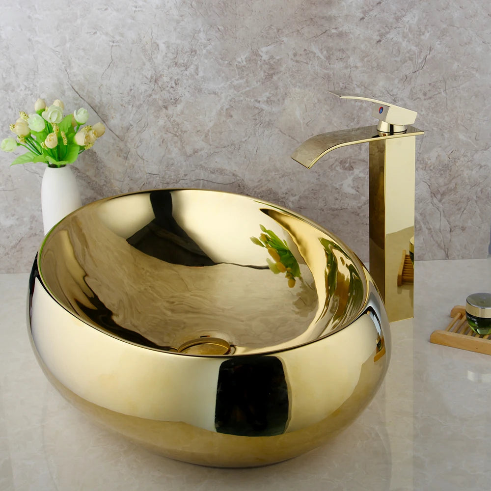 KEMAIDI Ceramic Vessel Sink With Waterfall Faucet Drain