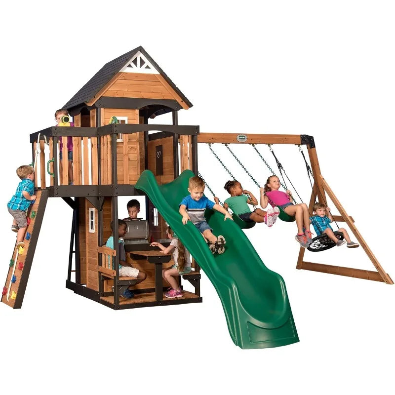 Cedar Wood Outdoor Swing Set With Wave Slide And Clubhouse