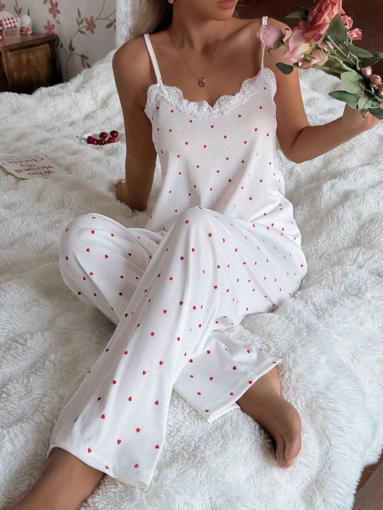 Women's Heart Print Lace Trim Camisole Pajama Set Comfort