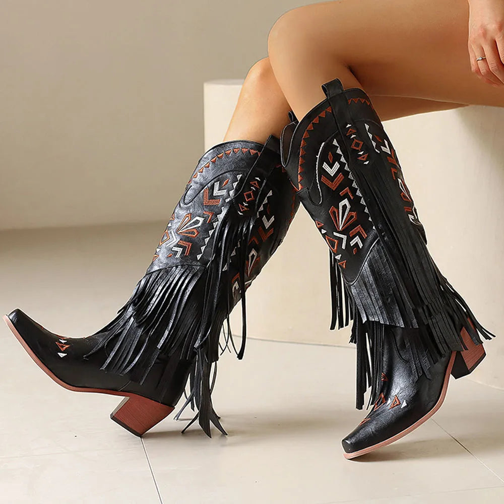 GIGIFOX Retro Tassel Embroidered Cowgirl Western Boots MidCalf