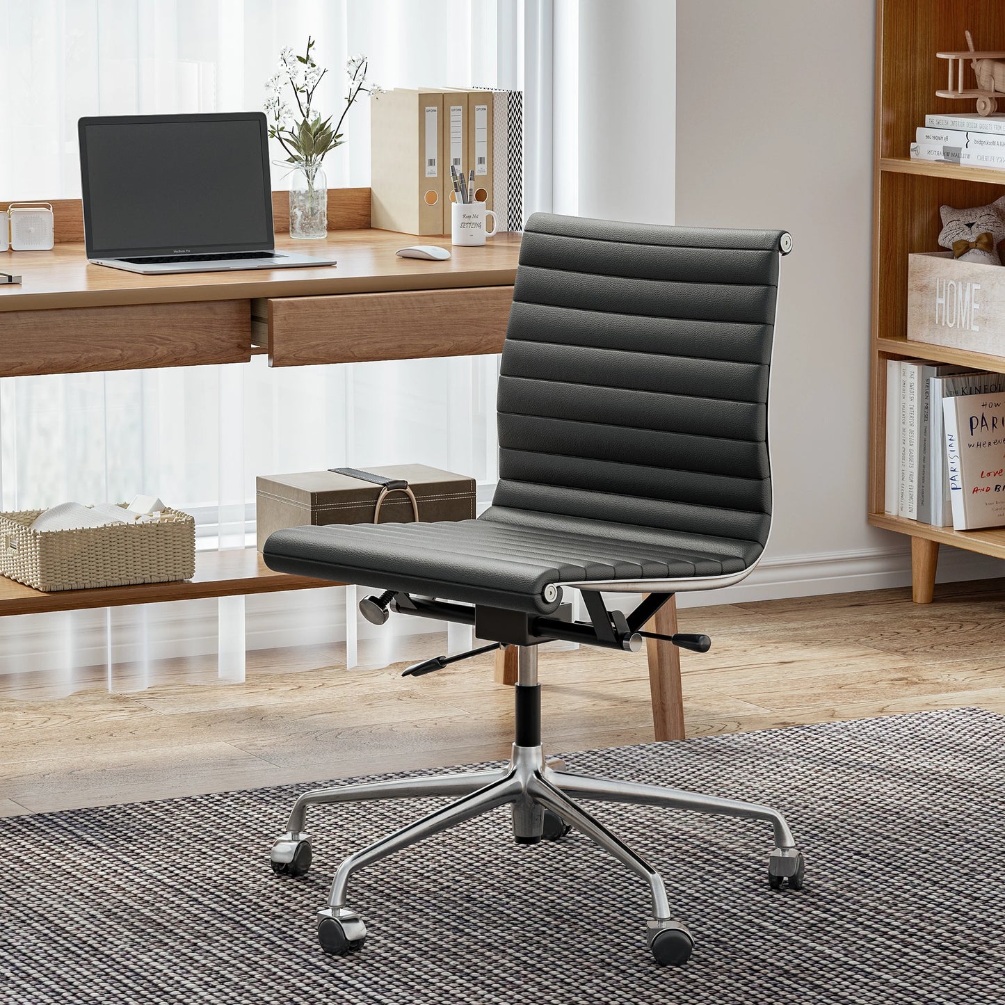 Furgle Modern Low Back Ribbed Armless Executive Swivel Office Chair With Top Grain Leather