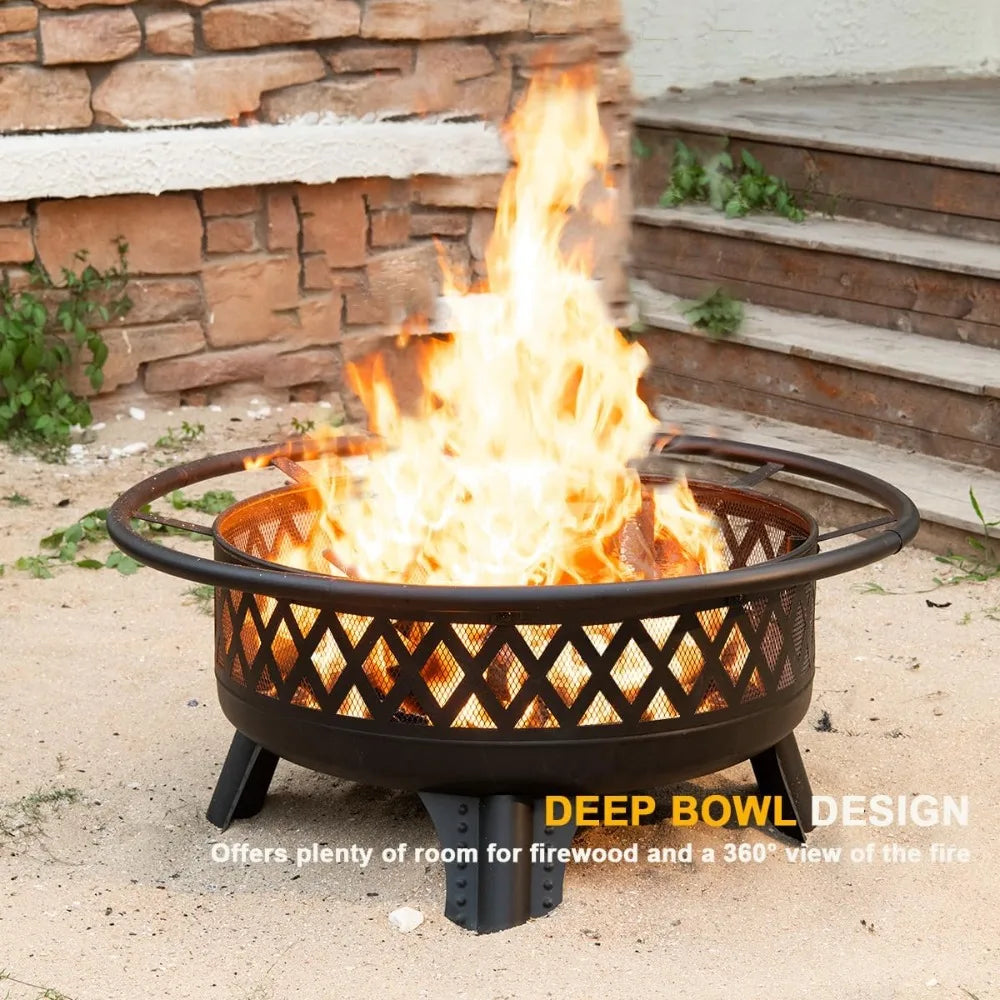 DAFIFY Round Outdoor Fire Pit With Grill And Metal Lid