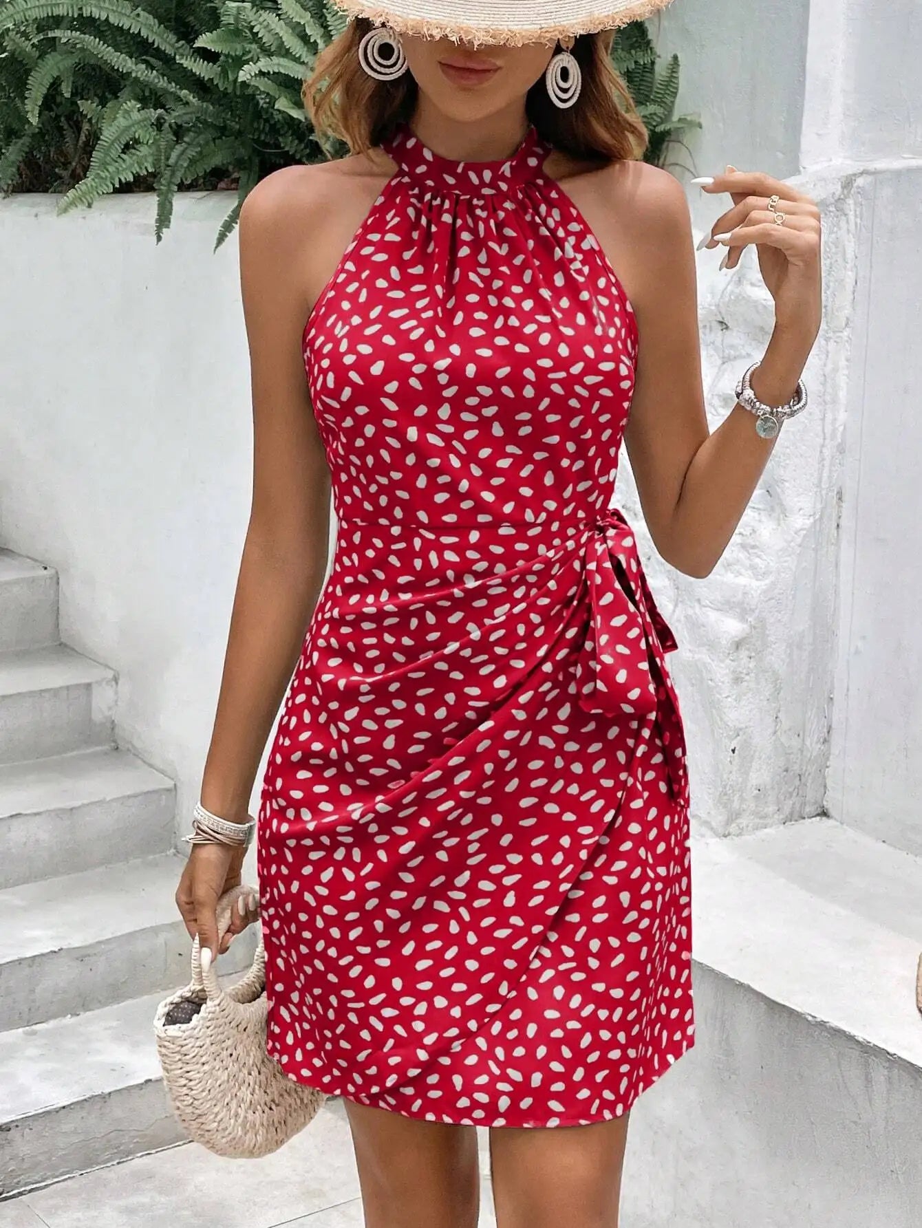Chic Abstract Print Halter Neck Wrap Mini Dress For Summer