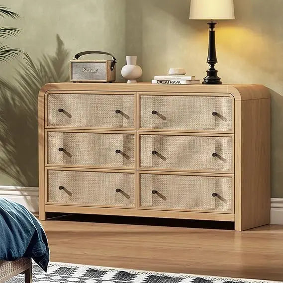 TIFICY Boho Rattan 6 Drawer Dresser For Bedroom Storage