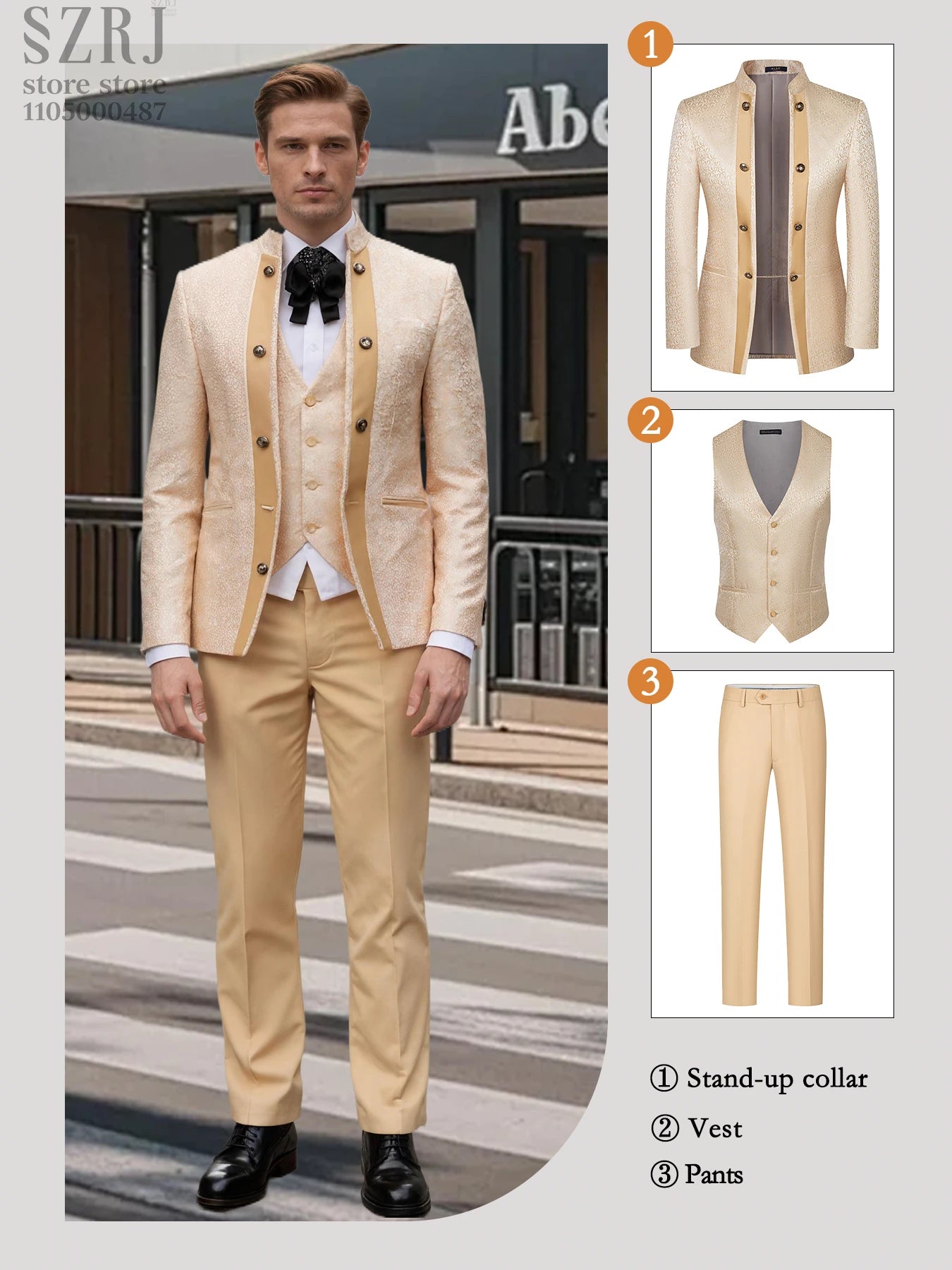 Men's Floral Three Piece Tuxedo Suit With Double Breasted Vest