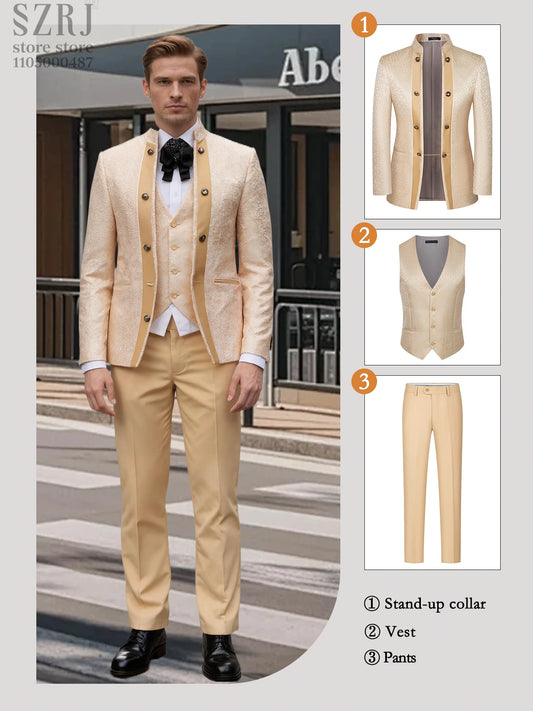 Men's Floral Three Piece Tuxedo Suit With Double Breasted Vest