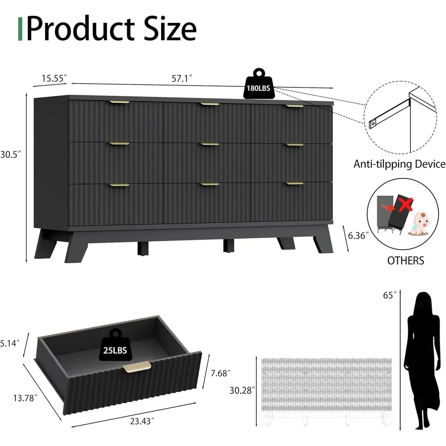 Fluted Dresser With 9 Drawers And Metal Handle For Bedroom