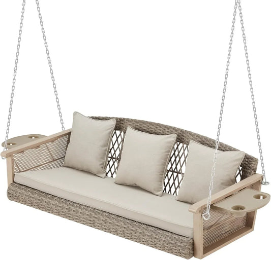 Three Person Wicker Porch Swing With Upgraded Cup Holder Cushions
