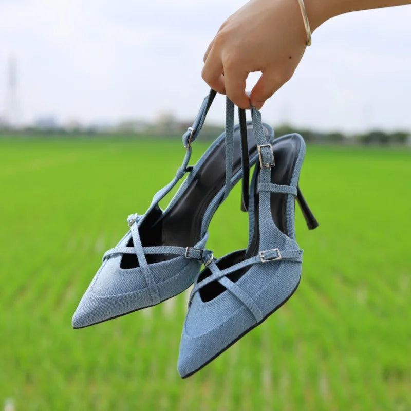 Denim Fashion Pointed Toe Belt Buckle High Heel Sandals