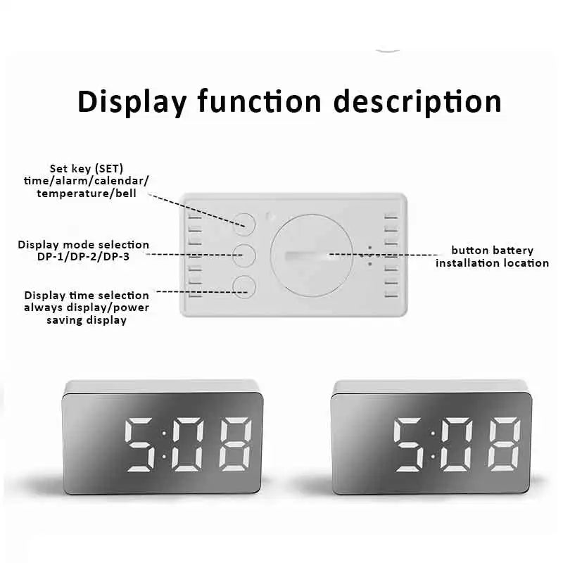 LED Mirror Clock With Snooze And Night Light USB Alarm