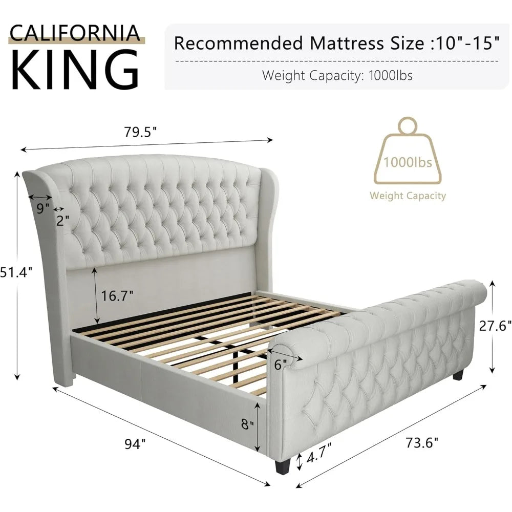 Velvet Upholstered Platform Bed Frame With Scroll Headboard And Footboard